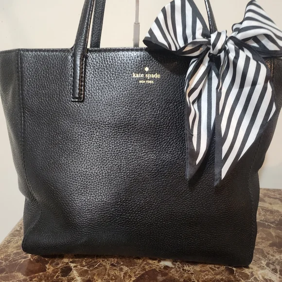 Kate Spade Black Pebble Leather Tote with Striped Bow GUC - Picture 8 of 16